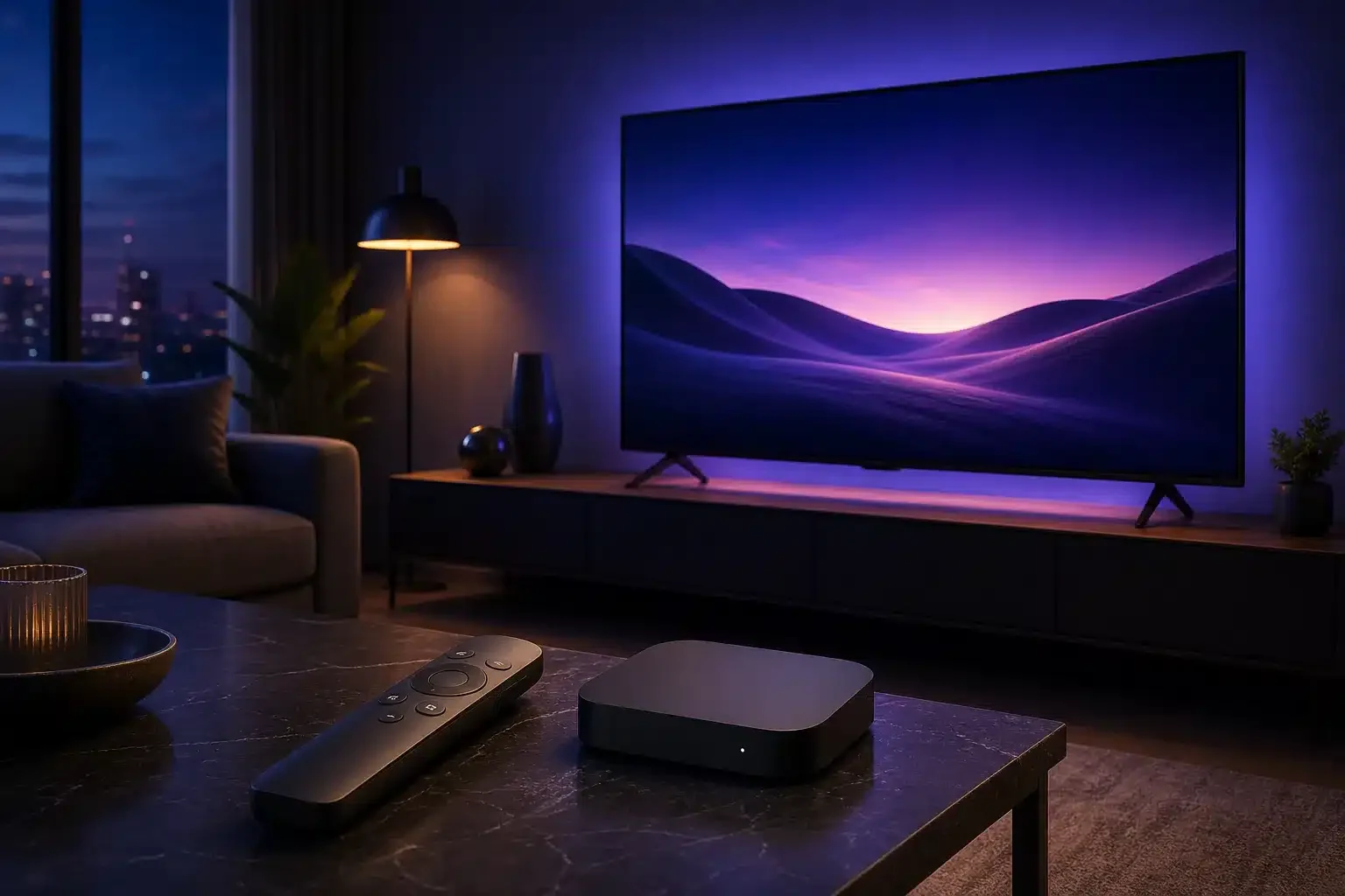 Cena ilustrativa com televisão e TV Box; não representa a interface do aplicativo